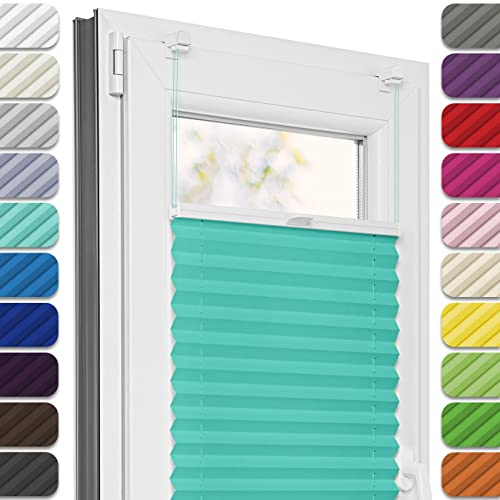 Estika Plissee ohne Bohren, Premium Klemmfix - 105cm Breite x 120cm Höhe - Türkis - Metal Plisseehalter ohne Bohren, Modern Sichtschutz für Fenster, Jalousien Fenster für innen