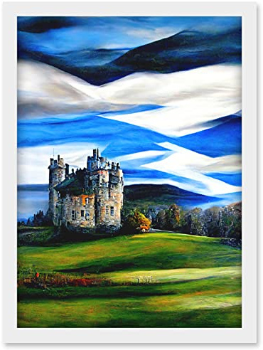 Doppelganger33 LTD Modern Oil Paint Doune Scottish Castle Saltire Sky Artwork Framed Wall Art Print A4