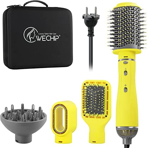 [5 in 1] WeChip Föhnbürste Warmluftbürste,[Aufbewahrungsbox] Rundbürstenföhn zum Trocknen, Volumen, Glätten, Styling, [Negative Ion] 1100 Watt Fönbürste Rundbürste reduziert Frizz antistatisch Gelb
