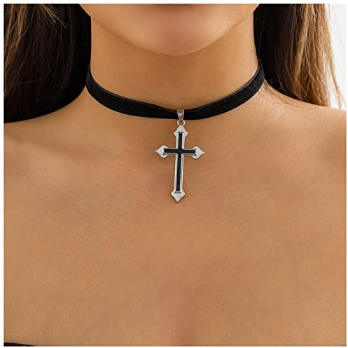 Inateannal Vintage Schwarzer Samt Choker - Kurzes Kreuz Anhänger Halskette, Schwarzes Wildleder Halsband, Gothic Samtband Kettenschmuck Für Frauen Und Mädchen