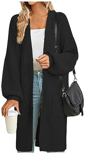 YunYoud Strickjacke Damen Lang Offener Vorderseite Flauschig Strickmantel Mit Taschen Einfarbiges Elegant Longstrickjacke Zopfmuster Wasserfall Cardigan Kuschel Grobstrickjacke Trachten Strickjacke
