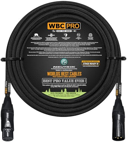 WORLDS BEST CABLES 25 Foot - WBC-PRO-Quad Ultra-Silent Ultra-Flexible Balanced Star-Quad Cable with Neutrik Male & Female XLR Plugs & Black Tweed Jacket