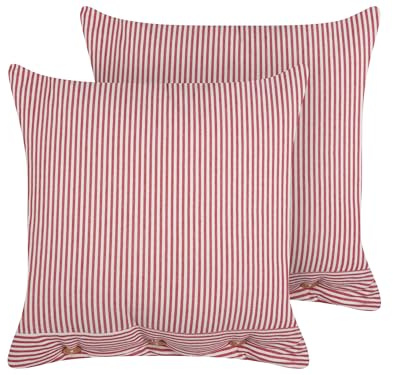 Beliani Dekokissen 2er Set Baumwolle rot/weiß gestreift 45x45 cm mit Knöpfen Aalita