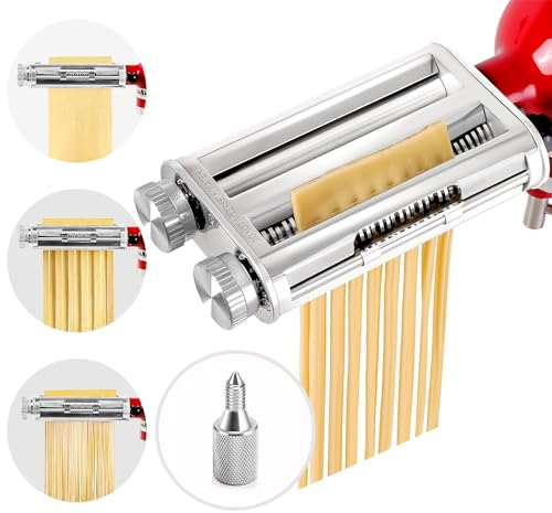 Pasta Maker Attachment for KitchenAid Stand Mixers, 3-in-1 Stainless Steel Pasta Roller & Cutter Set with Spaghetti and Fettuccine Blades, Includes 1 Metal Knob Screw Replacement