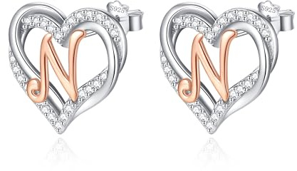 INFUSEU Buchstaben Ohrring, 925 Sterling Silber Ohrstecker Initial Kleine Ohrringe Rosegold Herz Buchstabe A-Z Vorname Alphabet Initialen Personalisierter Schmuck Geschenke für Frauen Mädchen Damen