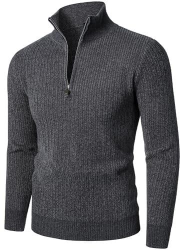 HOOD CREW Men’s 1/4 Zip Jumper Long Sleeve Warm Sweater Soft Cozy Knitwear Pullover Dark Grey