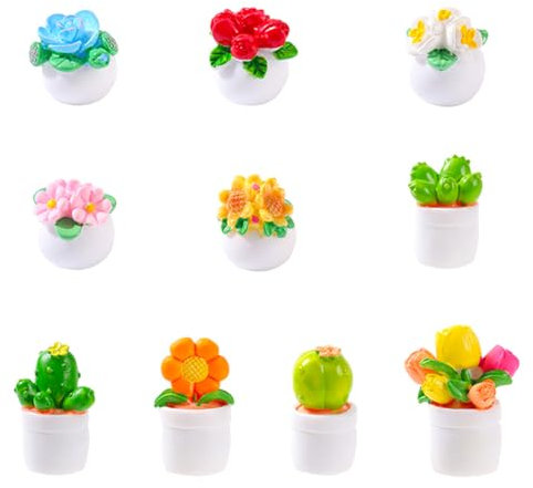 Miniatures Flowers 10 Pack Fairy Garden Accessories Kits Mini Dolls House Plants Tiny Plastic Flowers Little Ornaments Dashboard Car Terrarium Decorations Gifts Green
