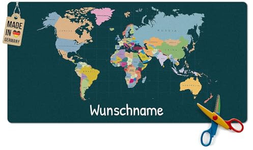 Pr Print Royal Schreibtischunterlage selbst gestalten mit Name - Weltkarte mit Ländern - Waschbar, Personalisierte Geschenke zur Einschulung | 80x40 cm, Rutschfest