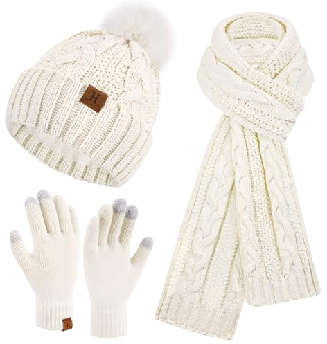 ZASFOU Femme Hiver Bonnet Chapeau Foulard Écran Tactile Gants Ensemble Chenille Pompon Tricot Polaire Doublé Casquette Écharpe Gant Cadeaux pour Femmes