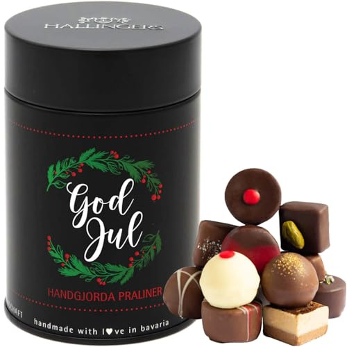 Hallingers Genuss Manufaktur Pralinen Weihnachts-Geschenk - ohne Alkohol, handmade aus Confiserie-Edelkakao in wertiger Geschenkdose God Jul, Kranz ..., Weihnachten Svenska