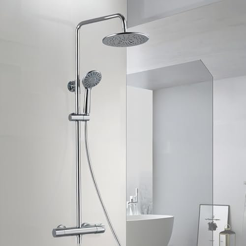WUDLEP Thermostatic Shower Mixer Set, Round Overhead Rainfall Shower, Thermostatic Shower System, Adjustable Height Shower Mixer Bar Set for Bathroom, Multifunctional Handheld Shower Unit