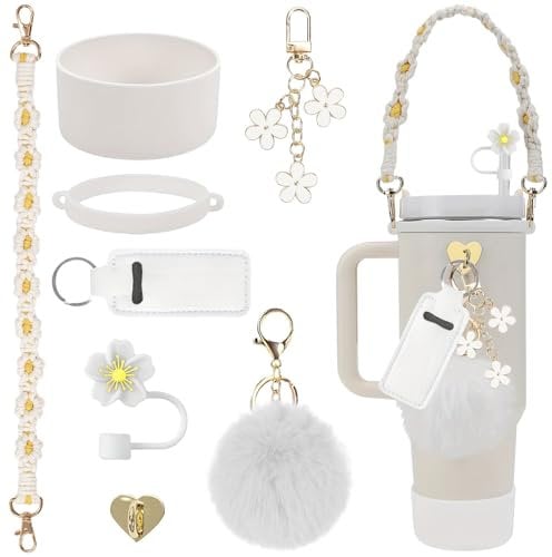 Stanley Accessories, 8 Pcs Stanley Cup Accessories Including Water Bottle Handle Strap, Protective Silicone Cup Boot, Silicone Straw Cover, Charms for Stanley Cup 40oz & 30oz Tumbler (White)