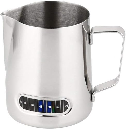 Milchaufschäumbecher, Edelstahl-Milchkännchen mit Thermometer, für Espressomaschinen und Zubereitung von Kaffee, Cappuccino, Latte Art, 350 ml
