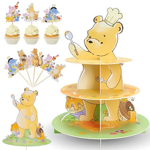 Crisky Winnie Cupcake Stand Cupcake Holder 3 Tier with 50 Pack Cupcake Toppers Pooh Baby Shower Decorations Cute Birthday Decorations