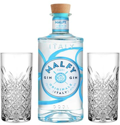 Set Cocktail Premium con 2 Bicchieri Tumbler in Vetro, 30cl, per Gin (Gin Malfy Original 70cl, + 2 Bicchieri)