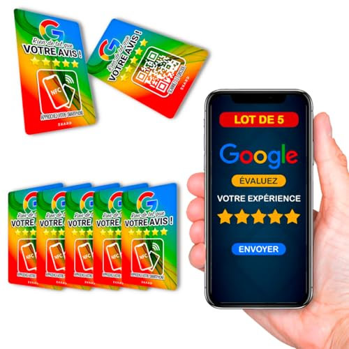 Carte NFC + QR pour Récolter des Avis Google | LOT DE 5 | Outil Marketing Local | Compatible Tous Smartphones | Installation Facile | Commerçants, Indépendants, Boutiques (5)