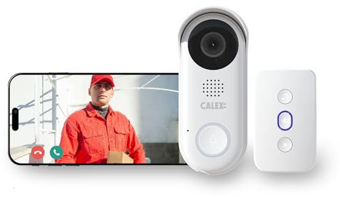 CALEX Sonnette Vidéo avec Caméra, Sonnette Intelligente 2K Câblée avec Carillon, Détection de Mouvement & Fonction Interphone, Sonnette avec Application, Compatible Alexa, Blanc
