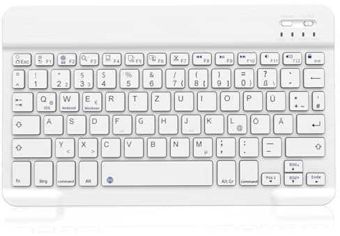 Lsmmpoba Deutsche Bluetooth Tastatur mit deutschem QWERTZ Layout, Weiß | Ultradünn, Tragbare Kabellose, für iPad (A16)/Air/Pro/Mini, iPad 11/10.9/10.2/9.7 Zoll, Samsung/Android