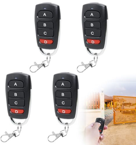 4Pcs 433MHz Garage Door Remote Control Fob Universal Duplicator Replacement Electric Gate Opener Key Fob Wireless Cloning RF Transmitter Control Keychain with 4 Button