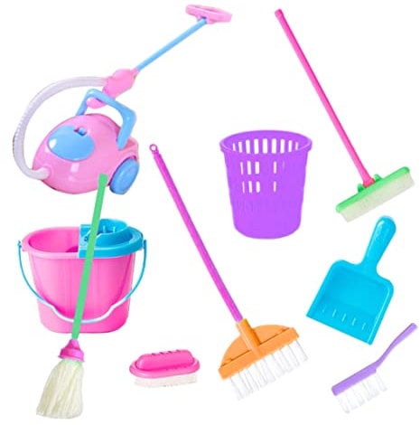 Miniature Bucket Doll Housework Cleaning Supplies, 9Pcs Mini Mop, Dustpan, Brush, Broom and Bucket Housework Tools, Doll House Accessories Pretend Play Decoration