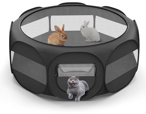 VavoPaw Parc pour Petits Animaux, Tente Respirante pour Chat avec Couverture Amovible à Fermeture Éclair et Base Imperméable, Parc Portable pour Chiots Chat Chaton Lapins, Intérieur/Extérieur, Noir