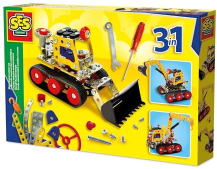SES Creative - Metall - Baufahrzeuge 3-1 Konstruktionsset - Kreatives Bauset für Kinder - Kran, Bagger, Lastfahrzeug - Konstruktionsspielzeug Kinder - Mit Metall- und kunststofteile - Ab 7 Jahre
