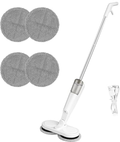 Floating Mop Cordless & Rechargeable, Electric Mop Floor Cleaner Machine, Dual Spin Floor Polisher with Water Tank, 4 Reusable Pads, 2.0 Ah Battery,180 ° Flexible Head Rotation, Floors Scrubber, White