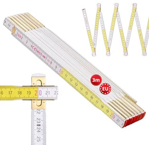 Metrie™ Zollstock PROFI 15 – Gliedermaßstab 3m | Weiß - Gelb | Lackiertes Holz, Stahlgelenke – Duplex Teilung, Hergestellt in der EU | Robuster & Präziser Holz-Gliedermaßstab | CE Kl III | 1 Stück