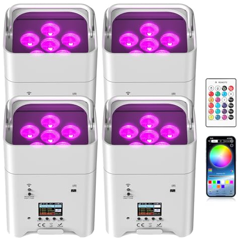 PUZILOZA 4er Weiß 108W RGBWA+UV Akku LED Par Strahler APP (iOS- und Android) mit Fernbedienung/DMX LED Bühnenlicht wiederaufladbarer Uplight Partylicht Disco Licht für DJ Bar KTV Hochzeit