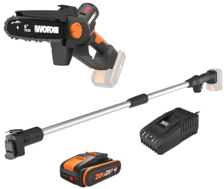 WORX WG327E.2 Mini motosega a batteria 20 V con asta di prolunga | Batteria da 2,0 Ah e caricabatterie inclusi, barra da 15 cm, motore brushless