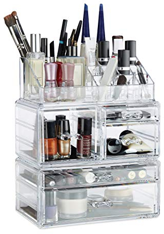 Relaxdays Organizer Make-Up con 21 Scomparti, Contenitore per Cosmetici, Rossetti, Trucchi, in Acrilico, Trasparente