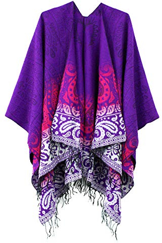 Modischer Damenponcho, Vintage-Umhang mit Quasten, traditionelles Muster, Schal-Umhang Gr. Einheitsgröße, Serie 4-lila