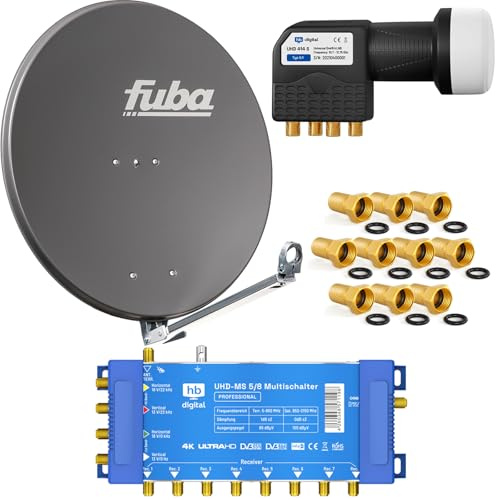 Profi-Sat-Anlage: Fuba 80cm Satellitenantenne DAL 800A anthrazit Aluminium Reflektor + HB-DIGITAL 5/8 Multischalter (1 Satellit / 8 Teilnehmer Multiswitch) + UHD Quattro LNB + vergoldete F-Stecker