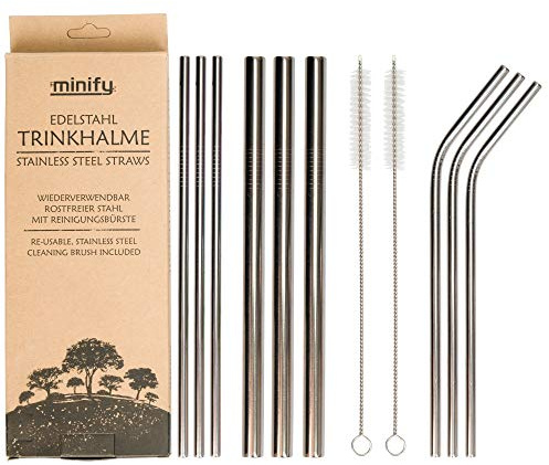 minify Edelstahl Trinkhalme Set mit Reinigungsbürste - Wiederverwendbare Strohhalme Umweltfreundlich Rostfrei Nachhaltig (Silber Starterkit)