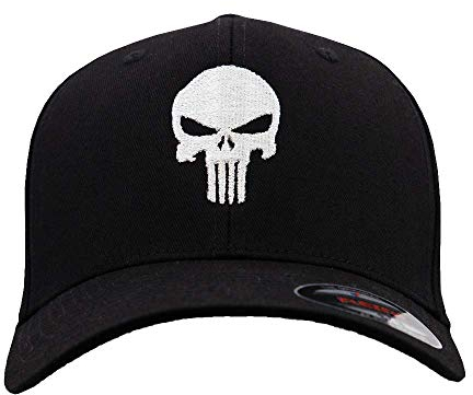Café Viereck ® Unisex Cap Wooly Combed – Gestickt mit Punisher Zeichen – für Männer und Frauen (Schwarzes Cap mit weißem Punisher, L/XL)