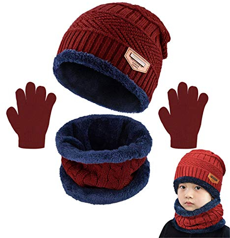 Yutdeng Warm Scarf Hat and Gloves Set for Boys Girls Winter Knitted Beanie Hat Fleece Lined Circle Scarf Kids Soft Thermal Neck Warmer Gift Outdoor Skiing 2-8 Years Old #1-Red
