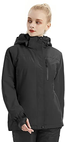 FREE SOLDIER Wasserdichte Skijacke für Damen, mit Fleece gefüttert, warme Winter-Regenjacke mit Kapuze, vollständig versiegelte Nähte (Schwarz, 3XL)