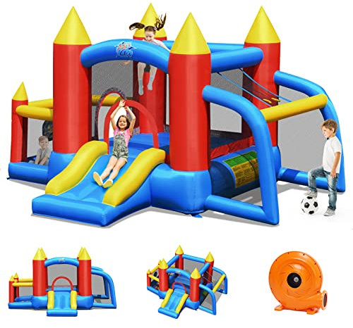 GOPLUS Castillo Hinchable con Soplador, Inchable Infantil Interior Exterior, Material Extra Rueso, Ninos Adecuado de 3 a 10 Años, Con Toboganes, Zona de Salto de Pared de Escalada , 350 x 275 x 196cm