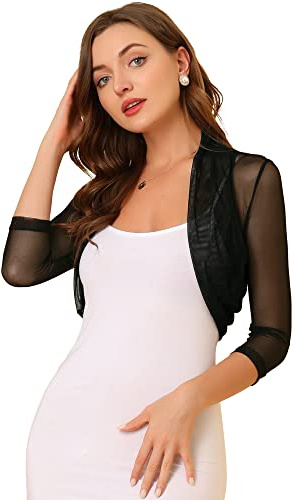 Allegra K Women's Semi Sheer Mesh Elegant 3/4 Sleeves Stretchy Bolero Shrug Black L-16