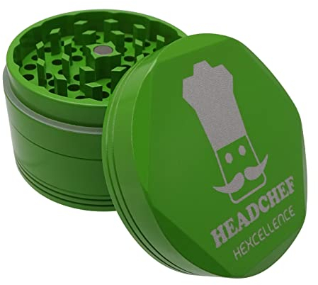 Headchef Hardcore Hexellence Ceramic Non-Stick Coated Metal Herb Grinder, 4 Piece, 62mm (Green)