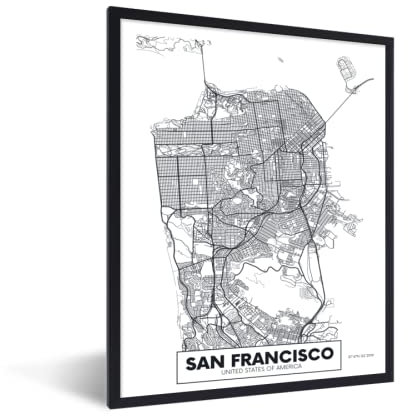 MuchoWow Poster Bilder Wanddeko Deko Wohnzimmer 30x40 cm Karte - San Francisco - Amerika - Schwarz und Weiß
