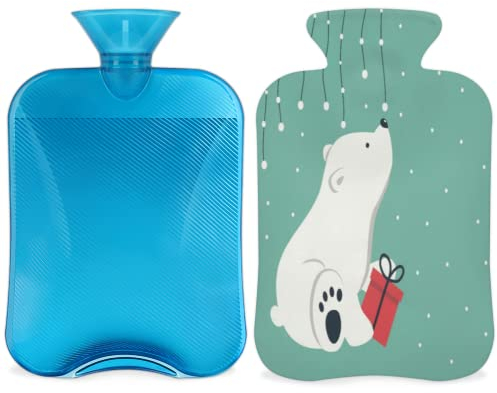 Polar Bear Gift Hot Water Bottle with Cover 2L, Christmas Snowflake PVC Hot Water Bag for Hand Feet Warmer, Pain Relief,Hot Compress and Cold Therapy