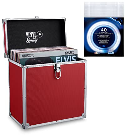 VINYL BUDDY 12 Aluminium Vinyl Record Storage Case,Holds up to 40 LPs (in PVC Sleeves) Includes 40 x 12 Inch Outer Record Sleeves (Red)