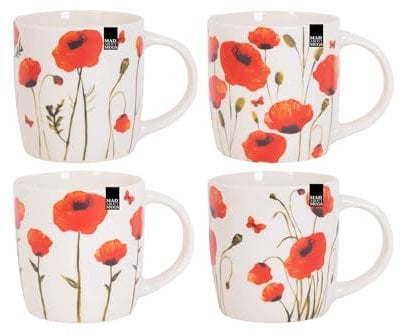 RSW Set of 4 Poppy Floral Design Mugs New Bone China Coffee Tea Cups 350ml, White , Orange