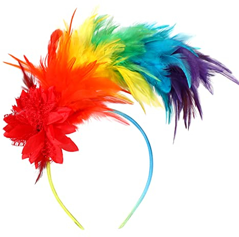 MWOOT Feder Haarschmuck Stirnband, 1920er Kopfschmuck Haarreif, Regenbogen Feder Kopfschmuck mit Künstlichen Blumen für Gay Pride CDS Party Dekoration