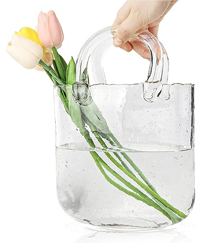 DBREAKS Glas Handtasche Vase, Tasche Glasvasen, Klare Handgemachte Vase, Kreative Bubble Handtasche Blumenvase, Dekorative Vase Glas Handtasche, Desktop Glaskorb Vase, Geldbörsenvase(Transparent)
