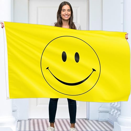 Gelbe Smiley-Flagge - lustige Flagge - doppelseitiger Druck - 90G Polyester - Doppelnaht - 2 Messingösen, groß 1,5 m x 0,9 m
