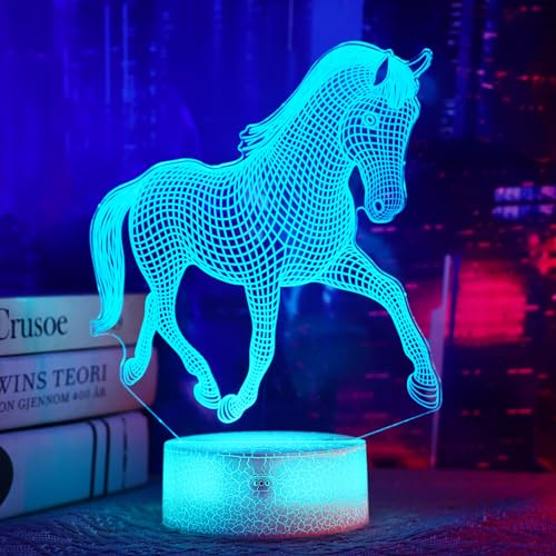 OkiyiD Pferd Geschenke für Mädchen, Pferd 3D Illusion Lampe Pferd Nachtlicht mit Fernbedienung + Touch 16 Farbwechsel + Timer Schreibtischlampen für Mädchen Zimmerdekor (Pferd 2)