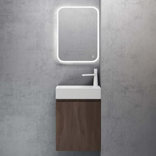 doporro Petit Meuble de Salle de Bain Suspendu 46cm Chêne Ensemble de 3 Pièces Meuble avec Lavabo Solid Surface et LED Miroir Design Pisa02