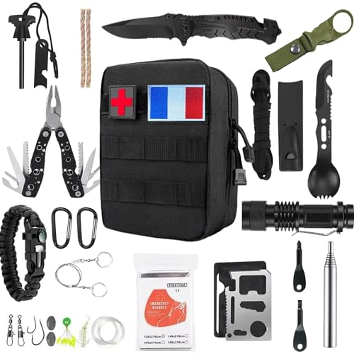 Kit de Survie -Sac de Survie - Pince Multifonction - Paracorde Boussole - Couteau Pliant Multifonction - Allume Feu - Lampe Torche